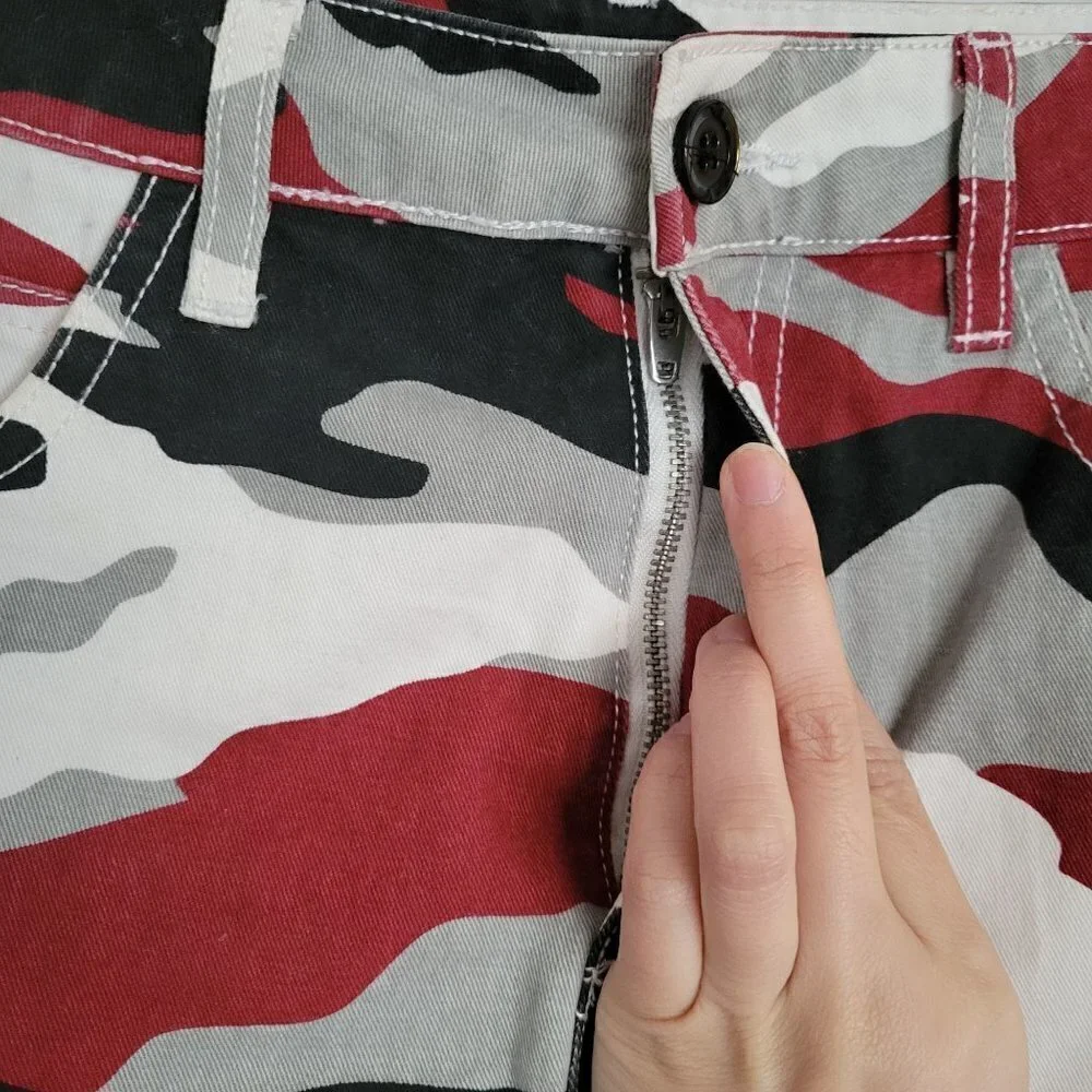 Forever 21 Red Black White Army Camouflage Mini Denim Jean Skirt Size Small